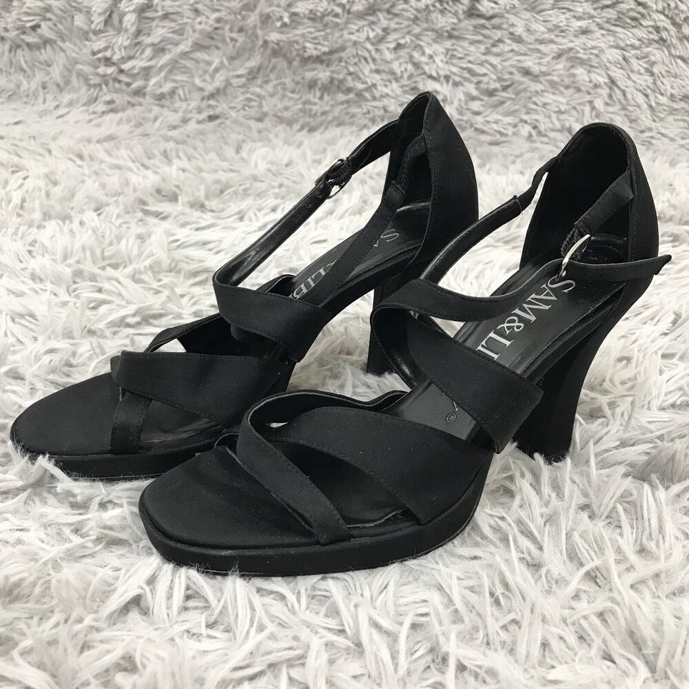 SAM & LIBBY SANDAL HEELS Carla Satin Black Straps‎ 6.5 M